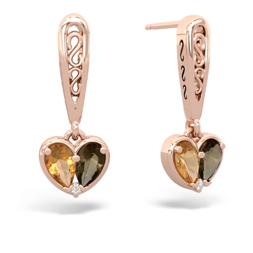 citrine-smoky quartz filligree earrings