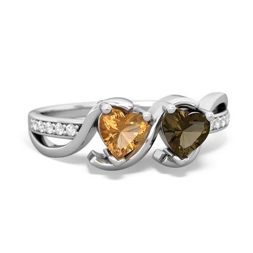 citrine-smoky quartz double heart ring