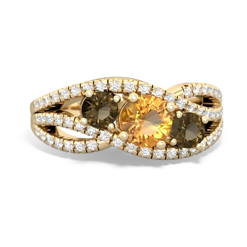 citrine-smoky quartz three stone pave ring