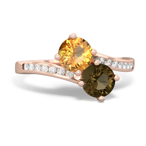 citrine-smoky quartz two stone channel ring