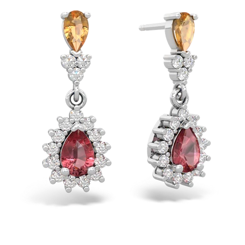 Citrine Genuine Citrine with Genuine Pink Tourmaline Halo Pear Dangle earrings Earrings