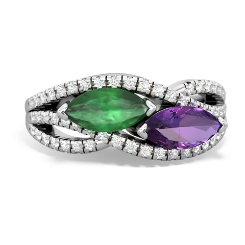 emerald-amethyst double heart ring