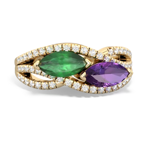 emerald-amethyst double heart ring