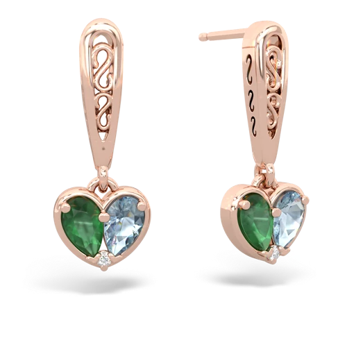 emerald-aquamarine filligree earrings