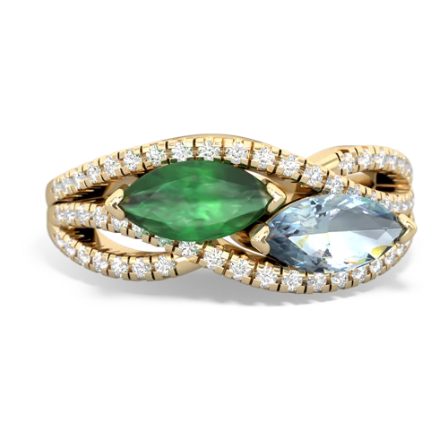 emerald-aquamarine double heart ring