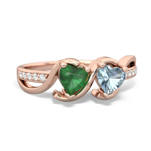 emerald-aquamarine double heart ring