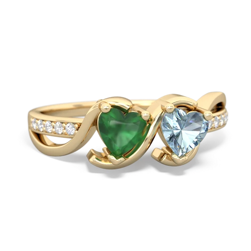 emerald-aquamarine double heart ring