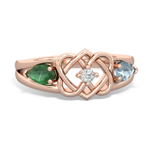 emerald-aquamarine double heart ring