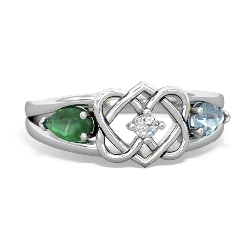 emerald-aquamarine double heart ring