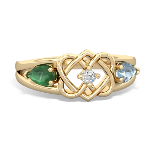 emerald-aquamarine double heart ring