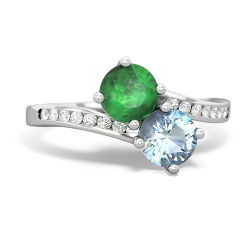 emerald-aquamarine two stone channel ring