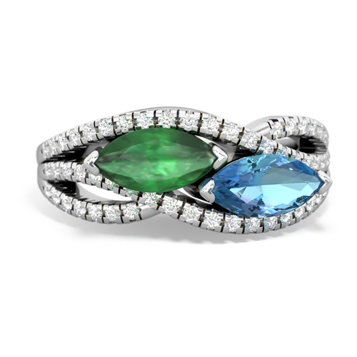 Emerald Genuine Emerald with Genuine Swiss Blue Topaz Diamond Rivers ring Ring