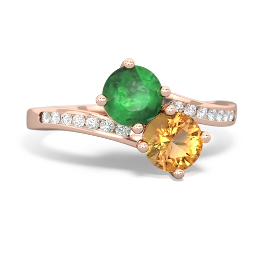 emerald-citrine two stone channel ring