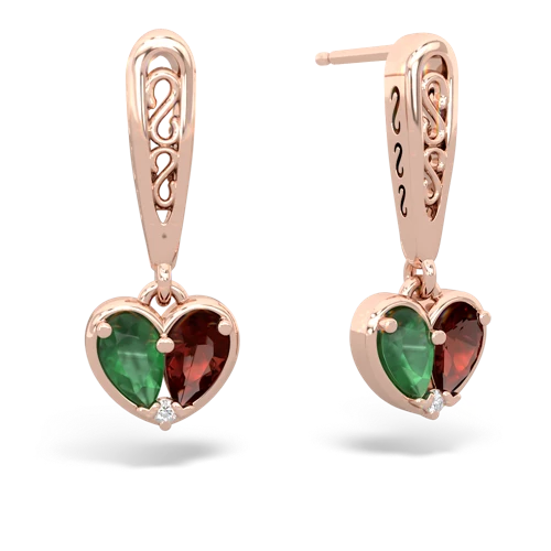 emerald-garnet filligree earrings
