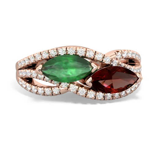 emerald-garnet double heart ring