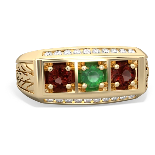 emerald-garnet three stone ring
