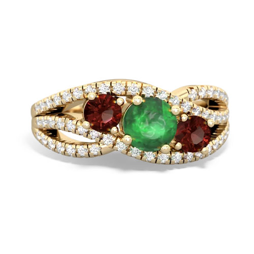 emerald-garnet three stone pave ring