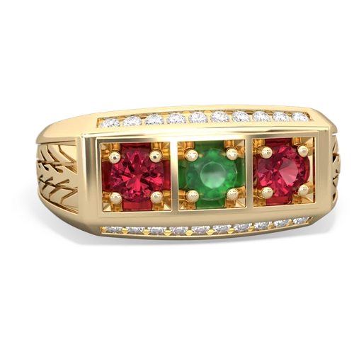 emerald-lab ruby three stone ring