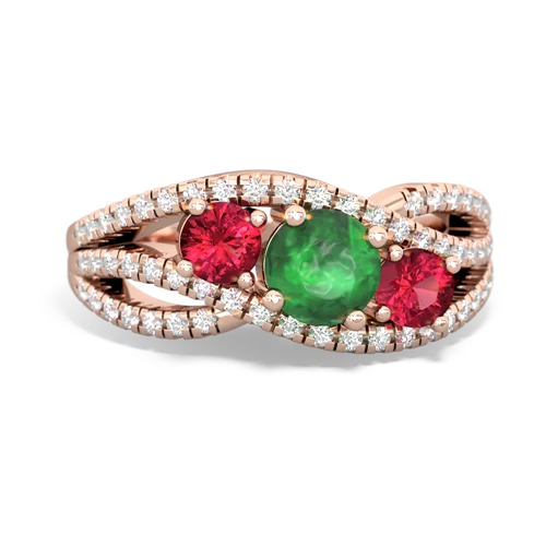 emerald-lab ruby three stone pave ring