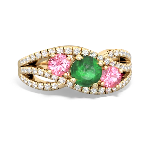 emerald-pink sapphire three stone pave ring