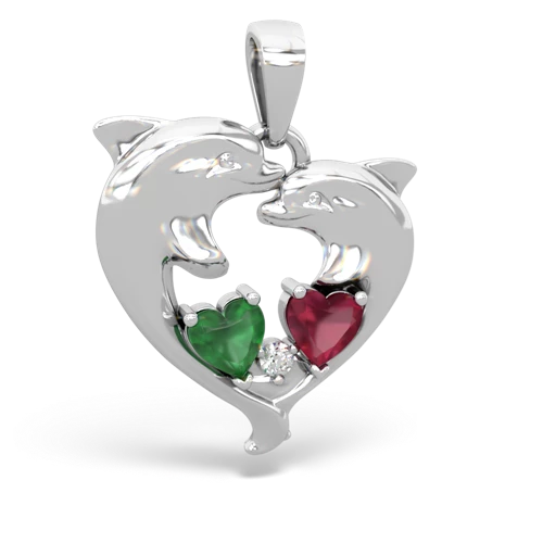 Emerald Genuine Emerald with Genuine Ruby Dolphin Heart pendant Pendant