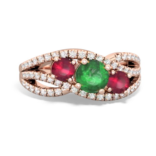 emerald-ruby three stone pave ring