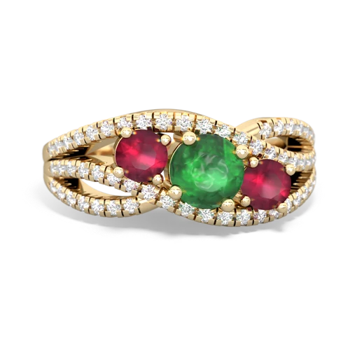 emerald-ruby three stone pave ring