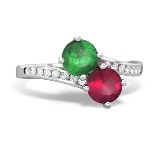 emerald-ruby two stone channel ring