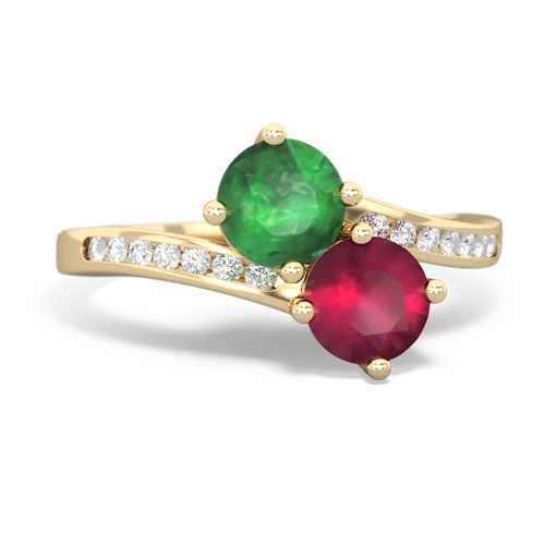 emerald-ruby two stone channel ring