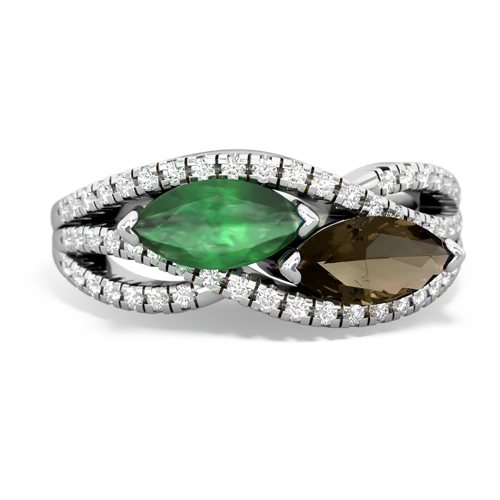 emerald-smoky quartz double heart ring