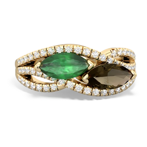 emerald-smoky quartz double heart ring