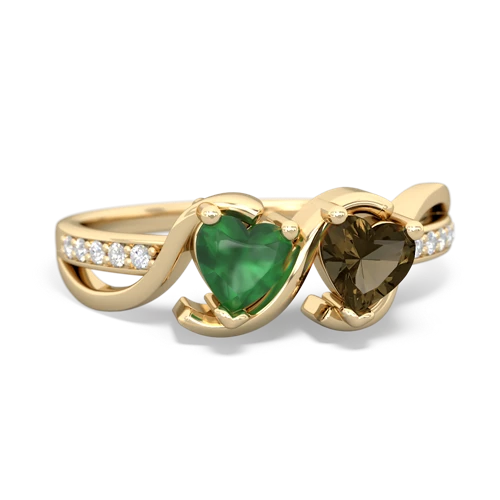 emerald-smoky quartz double heart ring