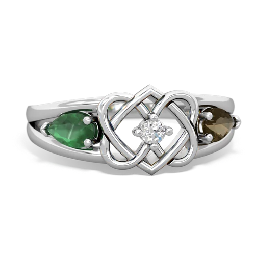 emerald-smoky quartz double heart ring