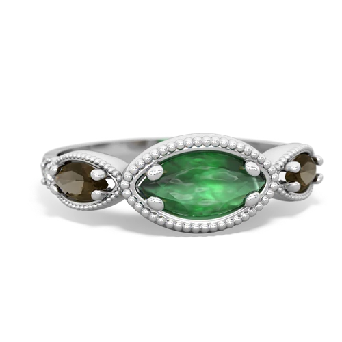 Emerald Genuine Emerald with Genuine Smoky Quartz and  Antique Style Keepsake ring Ring