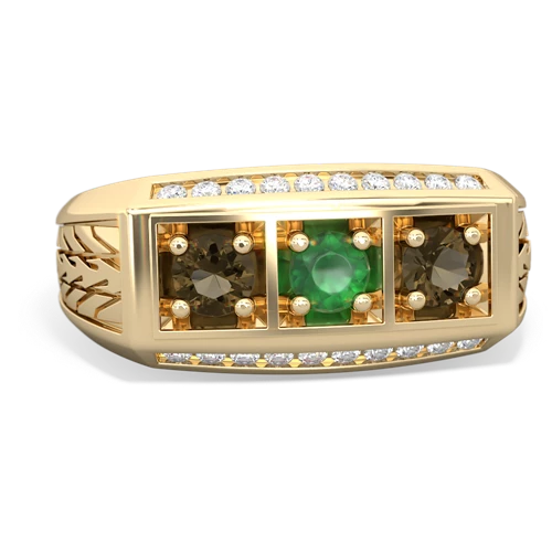 emerald-smoky quartz three stone ring