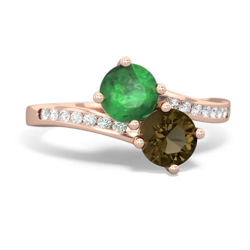 emerald-smoky quartz two stone channel ring