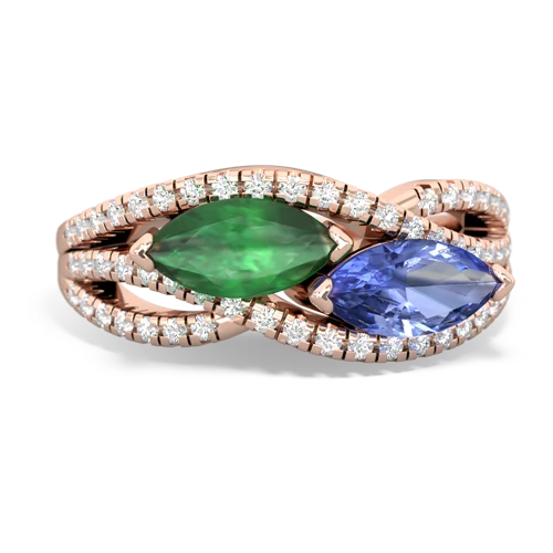 emerald-tanzanite double heart ring