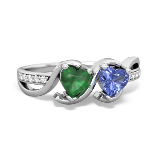 emerald-tanzanite double heart ring