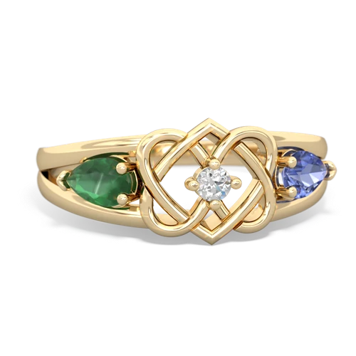 emerald-tanzanite double heart ring