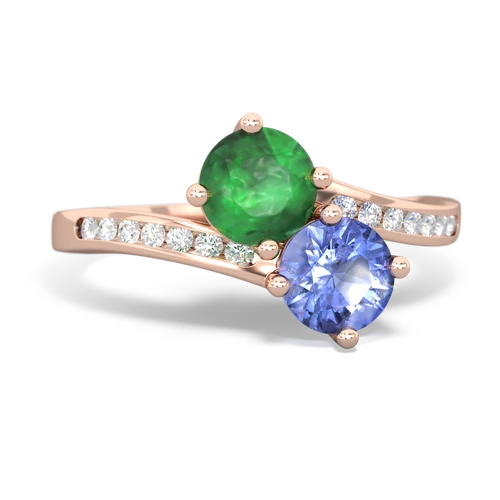 emerald-tanzanite two stone channel ring