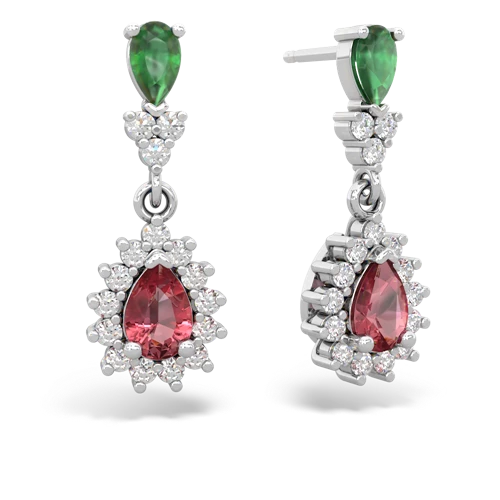 Emerald Genuine Emerald with Genuine Pink Tourmaline Halo Pear Dangle earrings Earrings