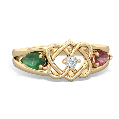 Emerald Genuine Emerald with Genuine Pink Tourmaline Hearts Intertwined ring Ring