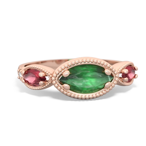 Emerald Genuine Emerald with Genuine Pink Tourmaline and Lab Created Emerald Antique Style Keepsake ring Ring