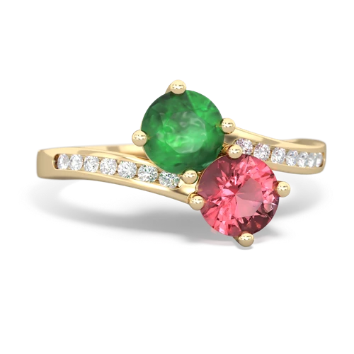 emerald-tourmaline two stone channel ring