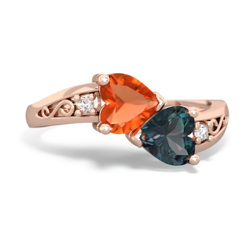 Fire Opal Genuine Fire Opal with Lab Created Alexandrite Snuggling Hearts ring Ring