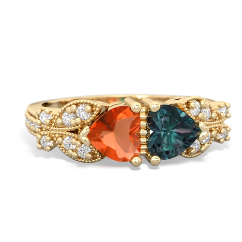 Fire Opal Genuine Fire Opal with Lab Created Alexandrite Diamond Butterflies ring Ring