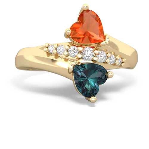 Fire Opal Genuine Fire Opal with Lab Created Alexandrite Heart to Heart Bypass ring Ring