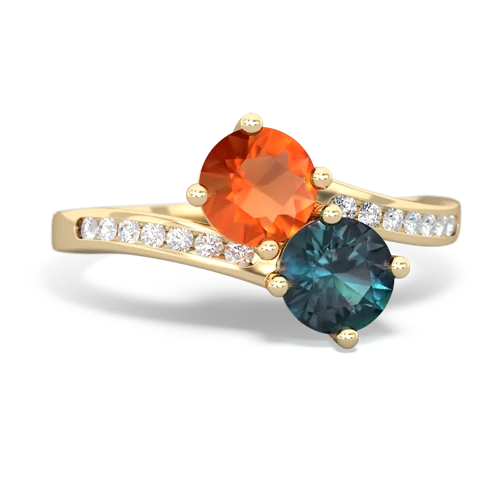fire opal-alexandrite two stone channel ring