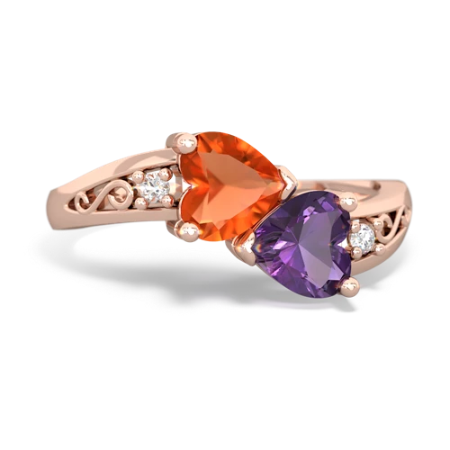 Fire Opal Genuine Fire Opal with Genuine Amethyst Snuggling Hearts ring Ring
