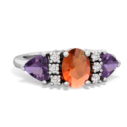 Fire Opal Genuine Fire Opal with Genuine Amethyst and  Antique Style Three Stone ring Ring